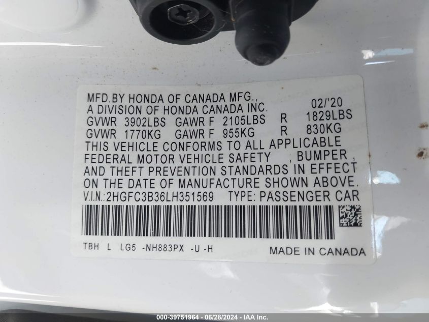 2020 Honda Civic Ex VIN: 2HGFC3B36LH351569 Lot: 39751964