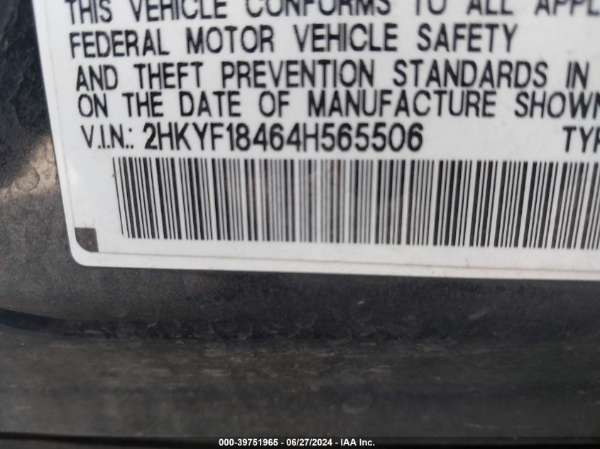 2004 Honda Pilot Ex VIN: 2HKYF18464H565506 Lot: 39751965