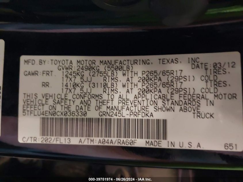 2012 Toyota Tacoma Base V6 VIN: 5TFLU4EN0CX036330 Lot: 39751974