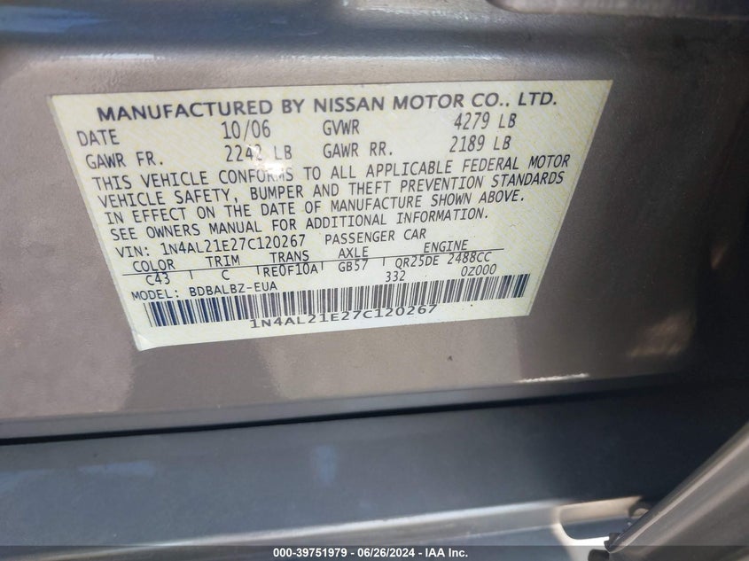 2007 Nissan Altima 2.5 S VIN: 1N4AL21E27C120267 Lot: 39751979