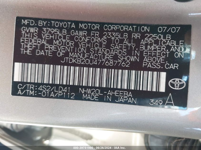 2007 Toyota Prius VIN: JTDKB20U477687762 Lot: 39751980