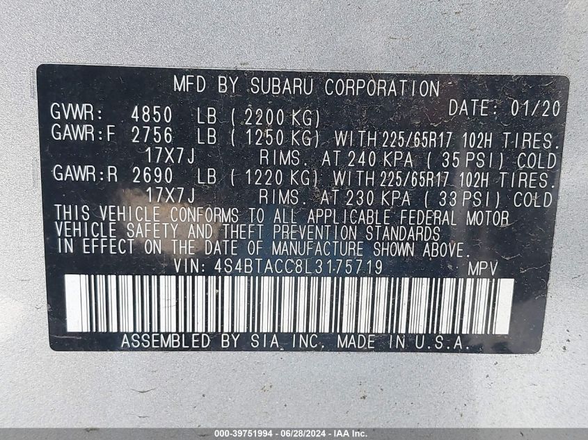 2020 Subaru Outback Premium VIN: 4S4BTACC8L3175719 Lot: 39751994