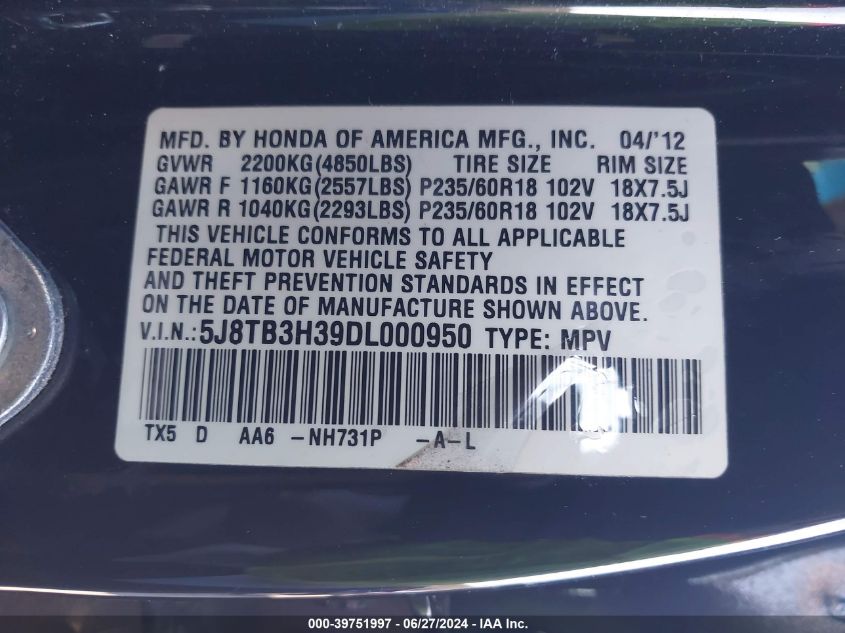 2013 Acura Rdx VIN: 5J8TB3H39DL000950 Lot: 39751997