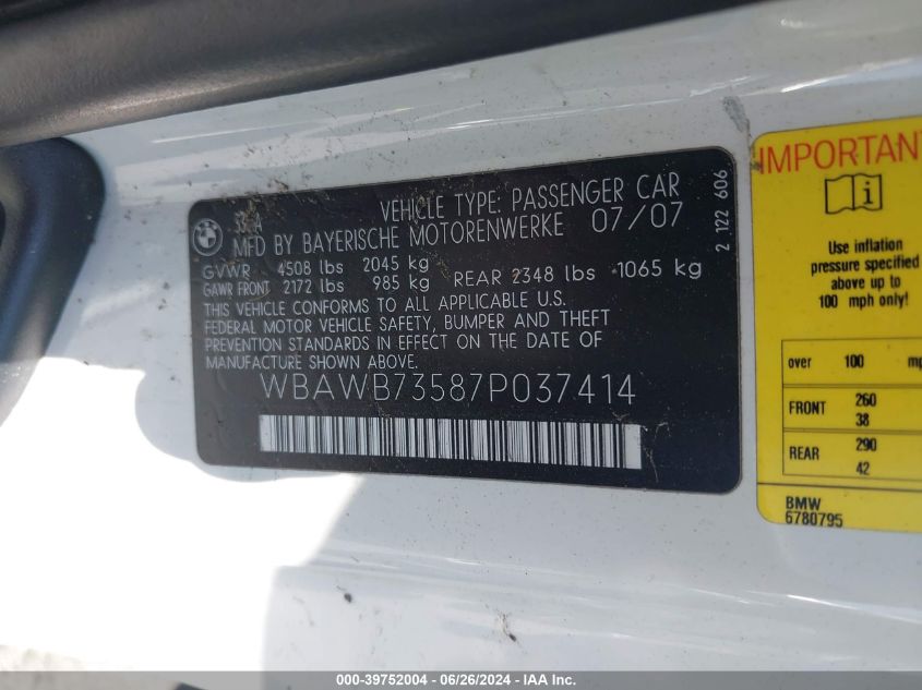 2007 BMW 335I VIN: WBAWB73587P037414 Lot: 39752004