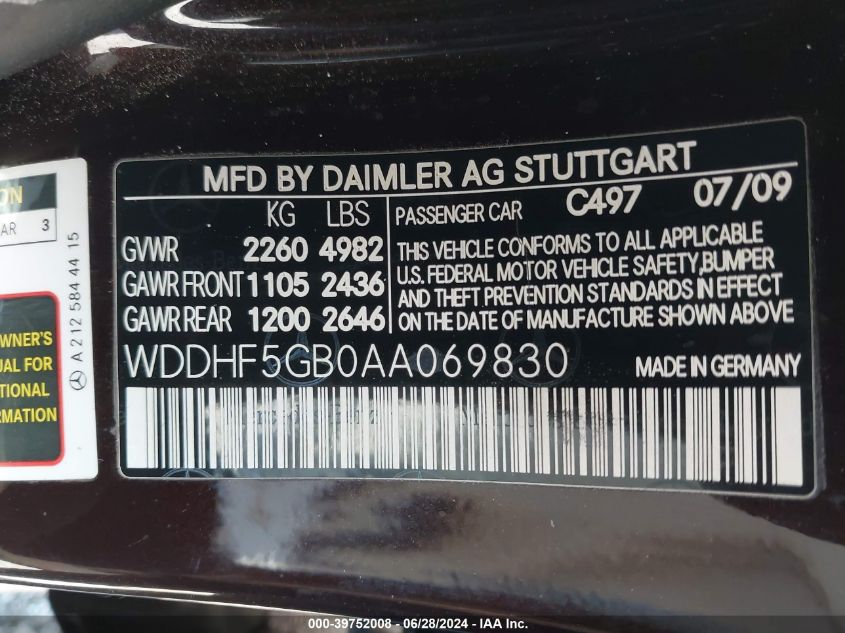 WDDHF5GB0AA069830 2010 Mercedes-Benz E 350