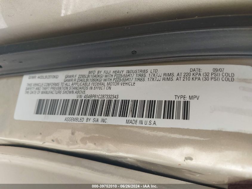 2008 Subaru Outback 2.5I/2.5I L.l. Bean Edition VIN: 4S4BP61C287332343 Lot: 39752010