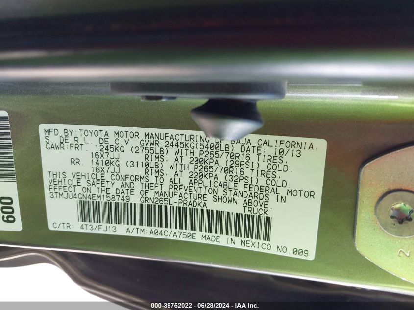 2014 Toyota Tacoma Prerunner V6 VIN: 3TMJU4GN4EM158749 Lot: 39752022