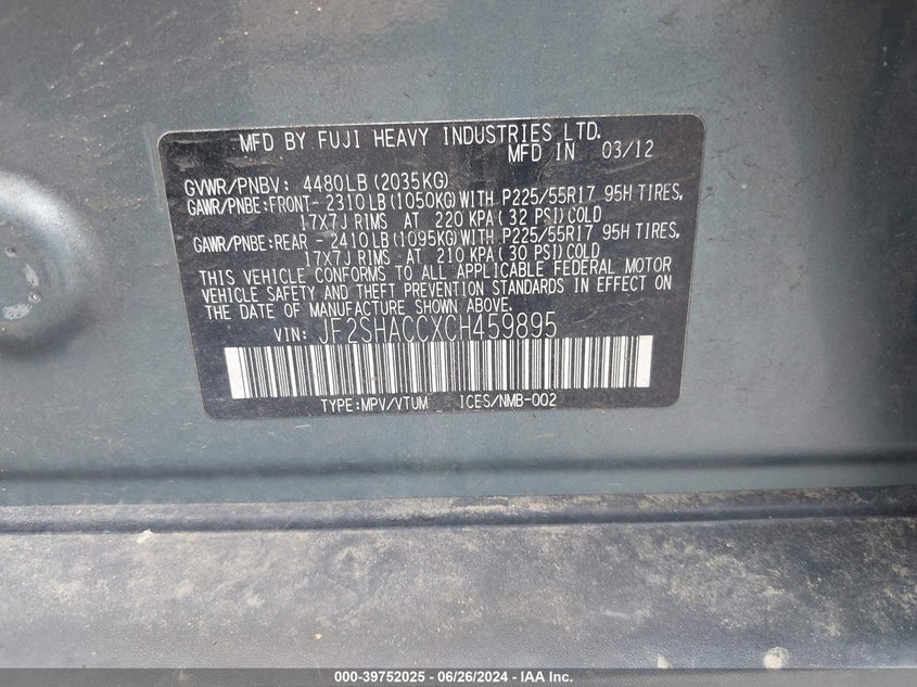 2012 Subaru Forester 2.5X Premium VIN: JF2SHACCXCH459895 Lot: 39752025