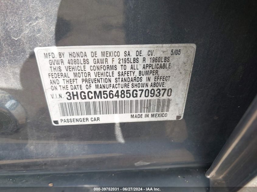 2005 Honda Accord 2.4 Lx VIN: 3HGCM56485G709370 Lot: 39752031