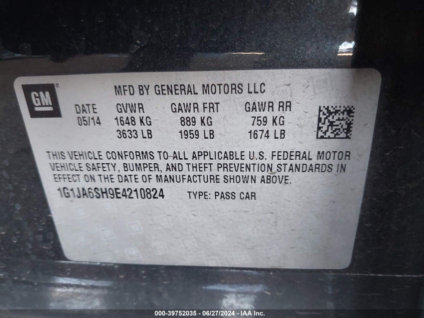 2014 Chevrolet Sonic Ls Auto VIN: 1G1JA6SH9E4210824 Lot: 39752035