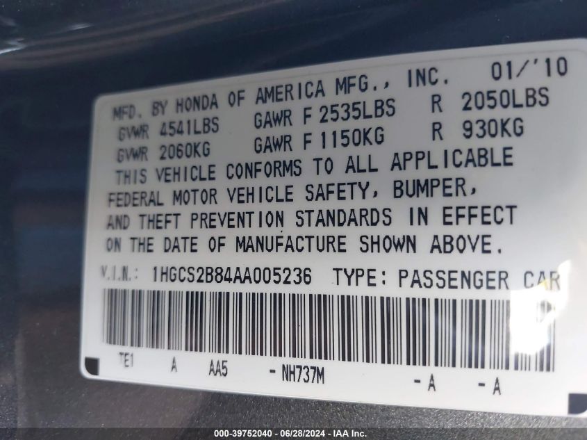 2010 Honda Accord 3.5 Ex-L VIN: 1HGCS2B84AA005236 Lot: 39752040