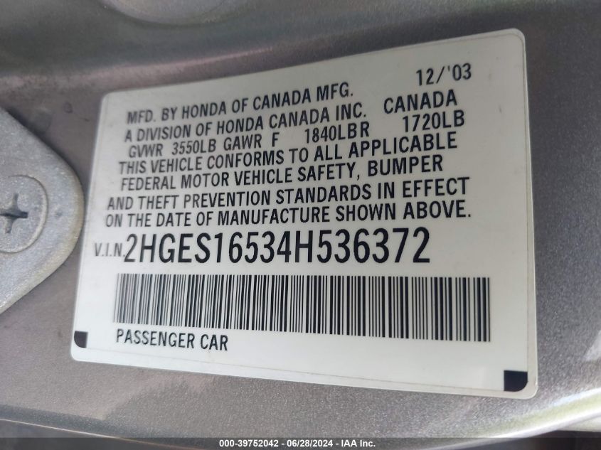 2004 Honda Civic Lx VIN: 2HGES16534H536372 Lot: 39752042