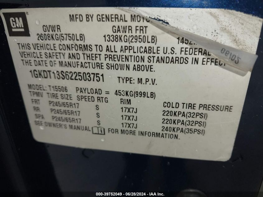 2002 GMC Envoy Sle VIN: 1GKDT13S622503751 Lot: 39752049