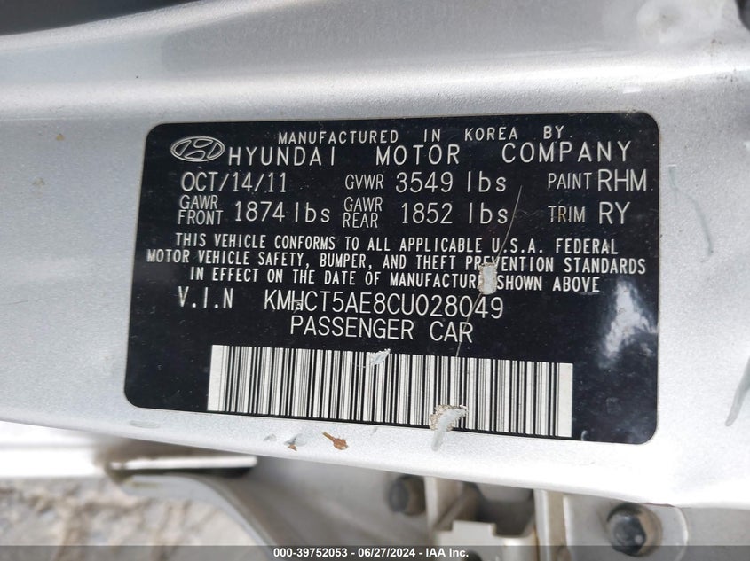 2012 Hyundai Accent Gs VIN: KMHCT5AE8CU028049 Lot: 39752053