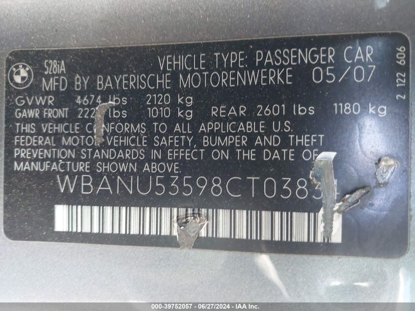 2008 BMW 528I VIN: WBANU53598CT03834 Lot: 39752057