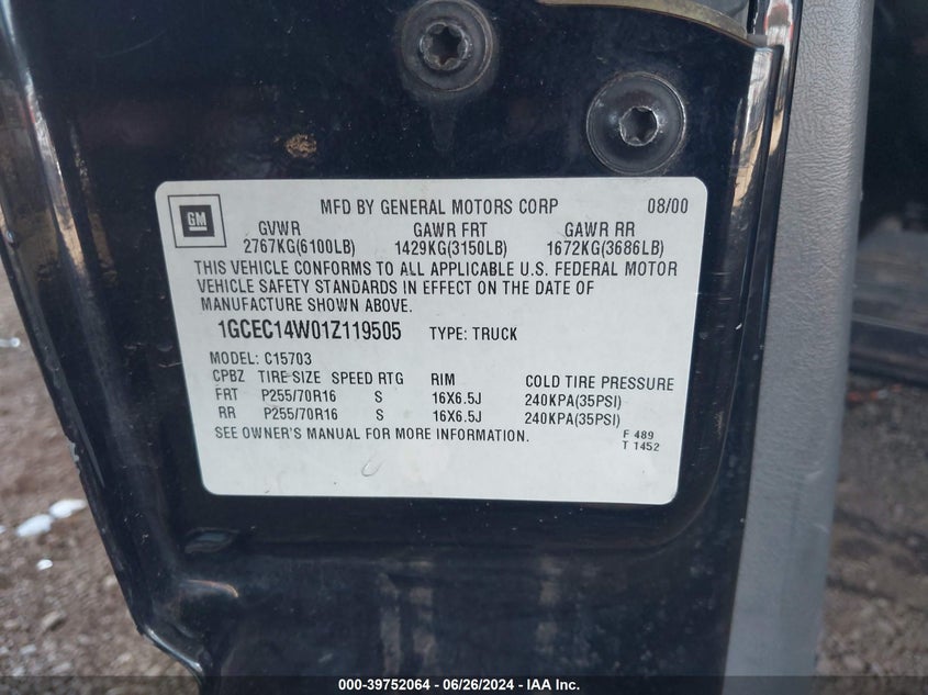 2001 Chevrolet Silverado 1500 VIN: 1GCEC14W01Z119505 Lot: 39752064