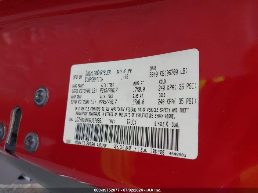 2006 Dodge Ram 1500 Slt VIN: 1D7HA18N66J170961 Lot: 39752077