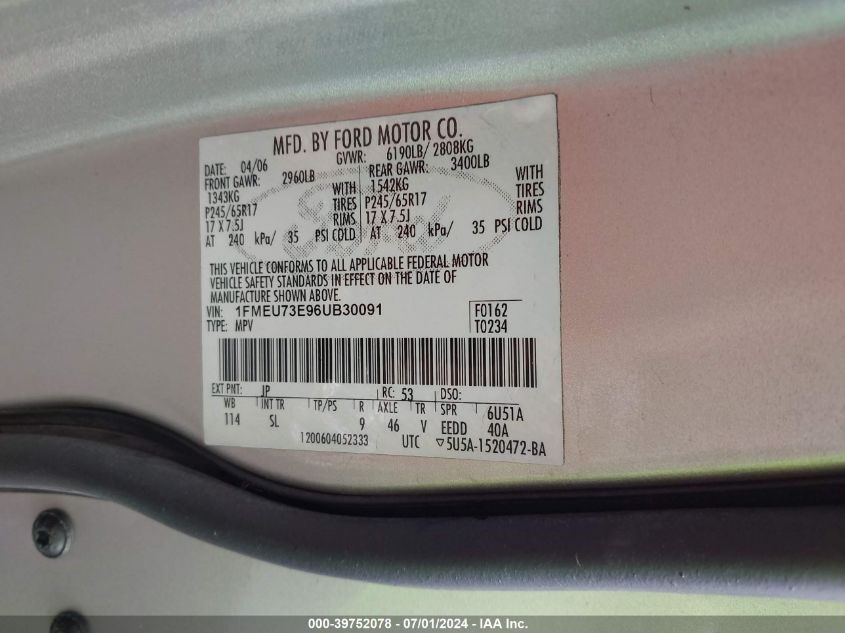 2006 Ford Explorer Xlt VIN: 1FMEU73E96UB30091 Lot: 39752078
