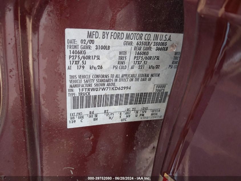 2001 Ford F-150 Harley-Davidson Edition/King Ranch Edition/Lariat/Xlt VIN: 1FTRW07W71KD62994 Lot: 39752080
