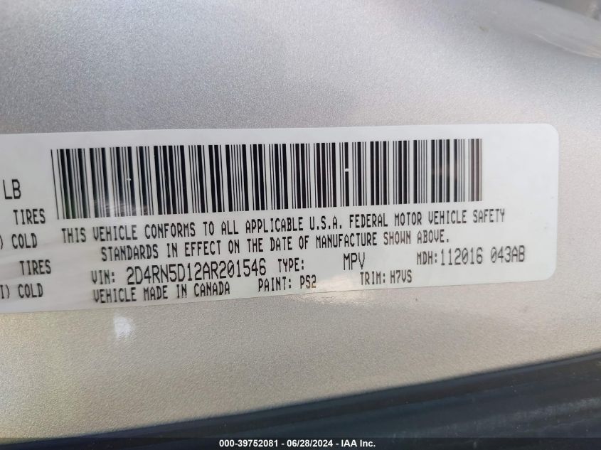 2010 Dodge Grand Caravan Sxt VIN: 2D4RN5D12AR201546 Lot: 39752081