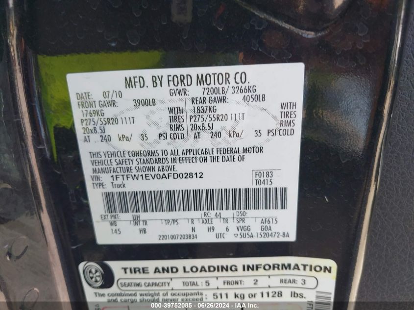 2010 Ford F-150 Fx4/Harley-Davidson/King Ranch/Lariat/Platinum/Xl/Xlt VIN: 1FTFW1EV0AFD02812 Lot: 39752085