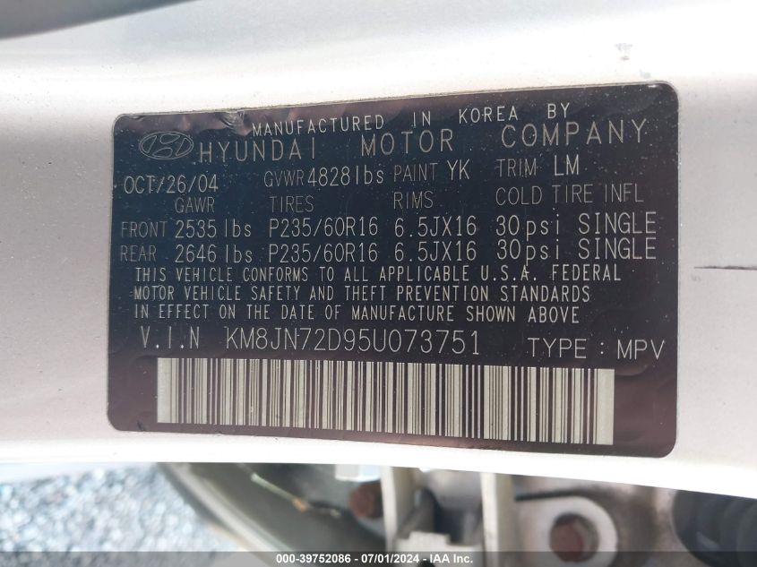 2005 Hyundai Tucson Gls/Lx VIN: KM8JN72D95U073751 Lot: 39752086