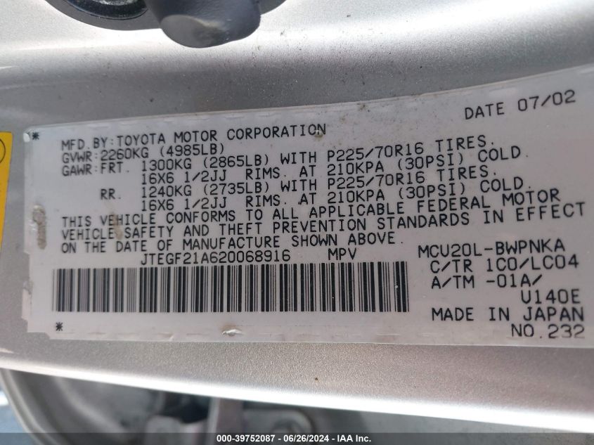 2002 Toyota Highlander Limited V6 VIN: JTEGF21A620068916 Lot: 39752087