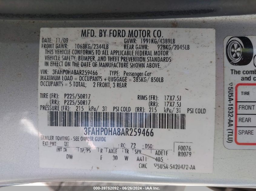 3FAHP0HA8AR259466 | 2010 FORD FUSION