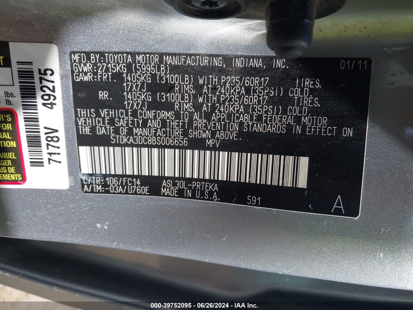 2011 Toyota Sienna Le VIN: 5TDKA3DC8BS006656 Lot: 39752095