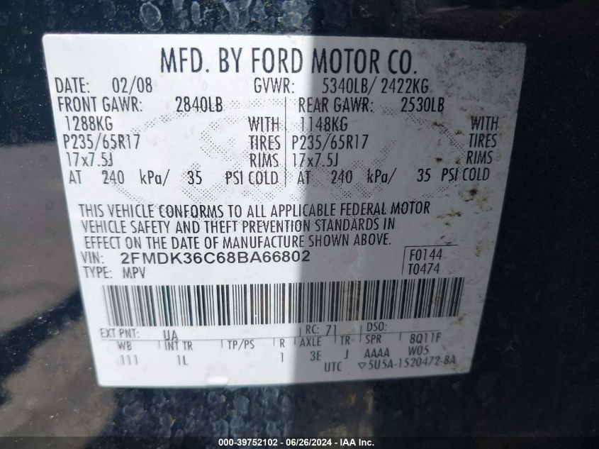 2008 Ford Edge Se VIN: 2FMDK36C68BA66802 Lot: 39752102