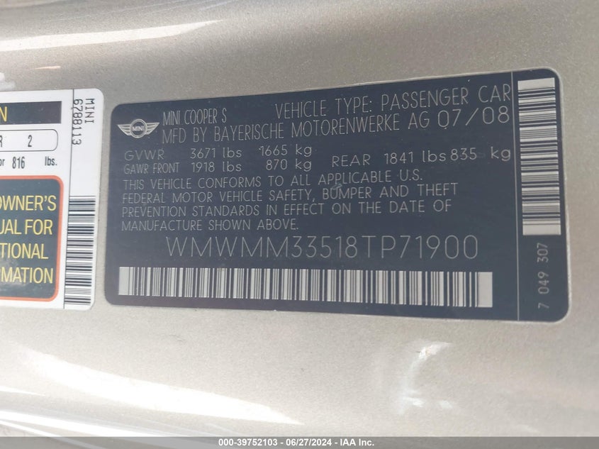 2008 Mini Cooper S Clubman VIN: WMWMM33518TP71900 Lot: 39752103
