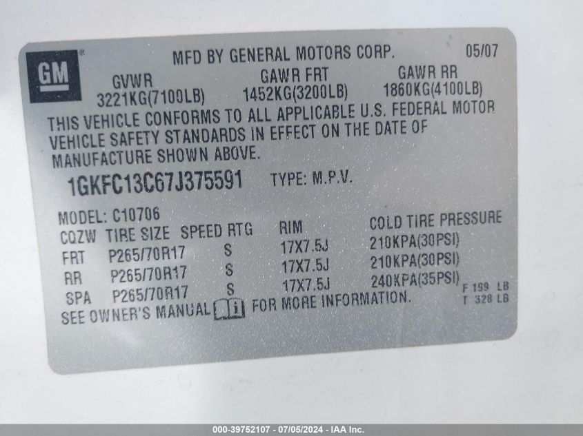 2007 GMC Yukon Commercial Fleet VIN: 1GKFC13C67J375591 Lot: 39752107