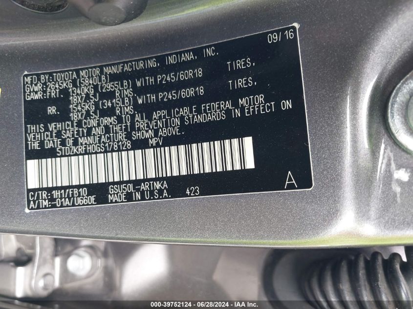 2016 Toyota Highlander Le V6 VIN: 5TDZKRFH0GS178128 Lot: 39752124