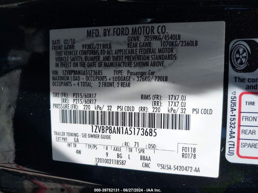 2010 Ford Mustang V6/V6 Premium VIN: 1ZVBP8AN1A5173685 Lot: 39752131