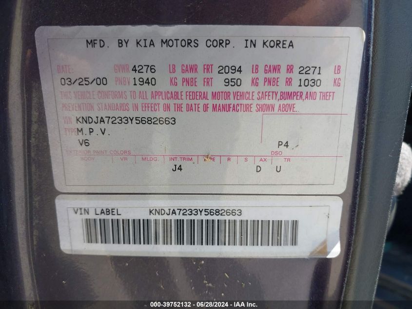 2000 Kia Sportage Ex VIN: KNDJA7233Y5682663 Lot: 39752132