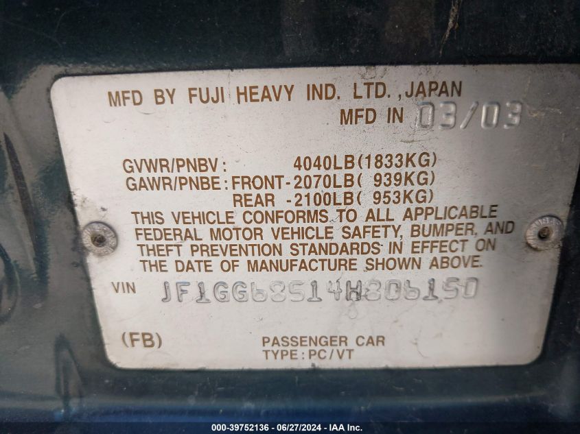 2004 Subaru Impreza Outback Sport VIN: JF1GG68514H806150 Lot: 39752136