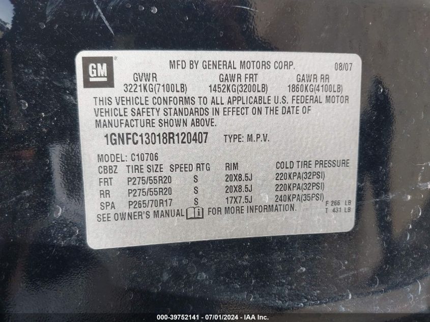 2008 Chevrolet Tahoe Ltz VIN: 1GNFC13018R120407 Lot: 39752141