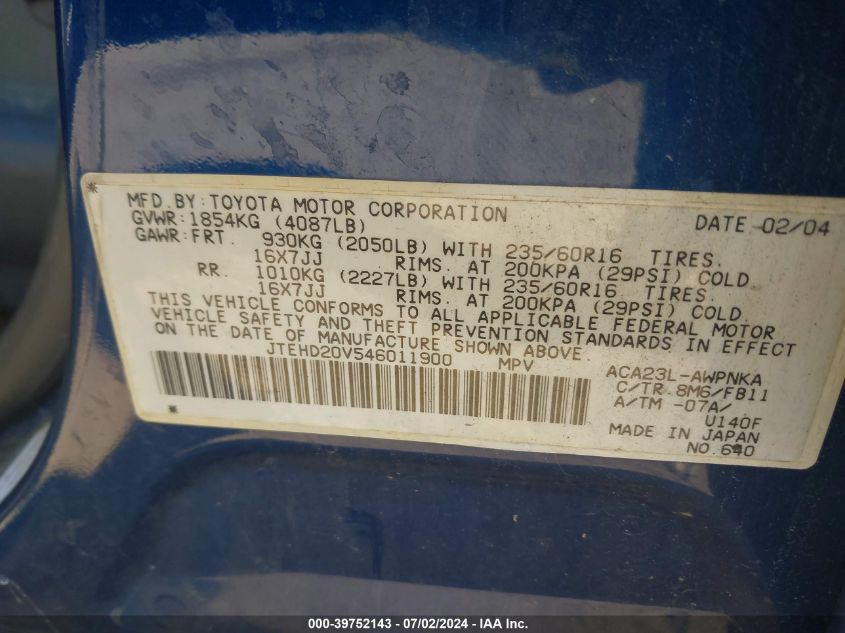 2004 Toyota Rav4 VIN: JTEHD20V546011900 Lot: 39752143