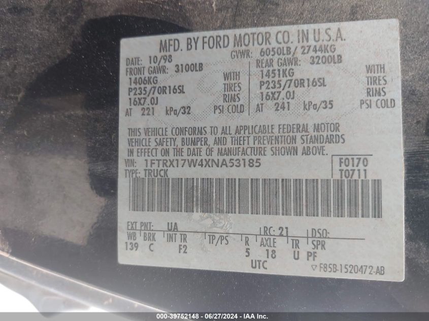 1999 Ford F-150 Lariat/Work Series/Xl/Xlt VIN: 1FTRX17W4XNA53185 Lot: 39752148