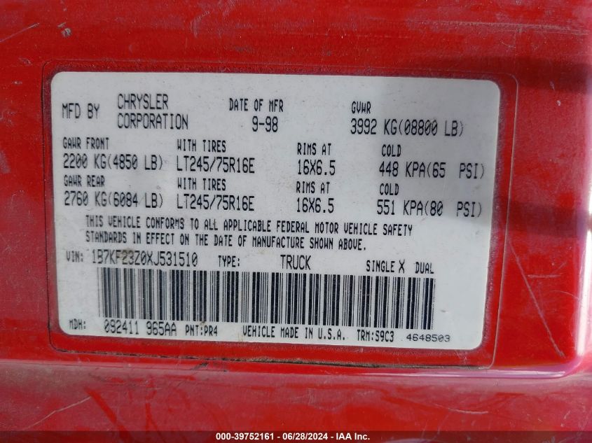 1999 Dodge Ram 2500 St VIN: 1B7KF23Z0XJ531510 Lot: 39752161