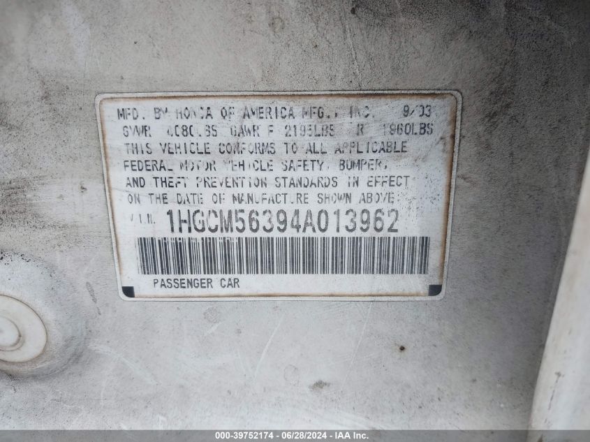 2004 Honda Accord 2.4 Lx VIN: 1HGCM56394A013962 Lot: 39752174