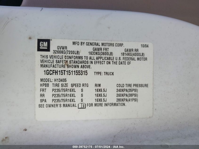 2005 Chevrolet Express VIN: 1GCFH15T151155315 Lot: 39752175