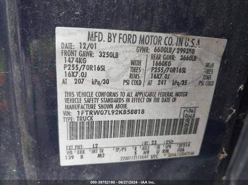 2002 Ford F-150 Lariat/Xlt VIN: 1FTRW07L92KB58818 Lot: 39752180