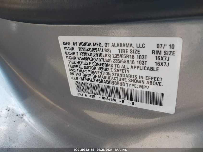 2010 Honda Odyssey Ex-L VIN: 5FNRL3H60AB098958 Lot: 39752185