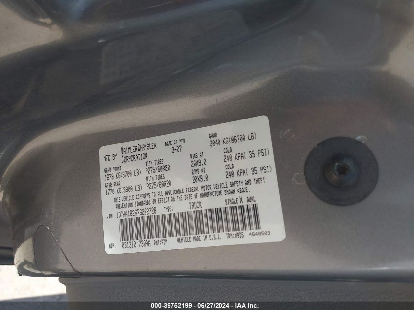 2007 Dodge Ram 1500 Slt VIN: 1D7HA18267S202728 Lot: 39752199