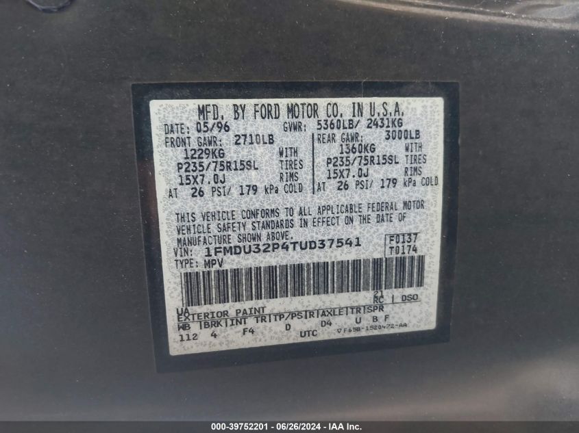 1996 Ford Explorer VIN: 1FMDU32P4TUD37541 Lot: 39752201