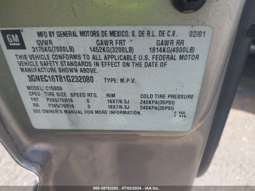 2001 Chevrolet Suburban 1500 Ls VIN: 3GNEC16T81G232080 Lot: 39752202