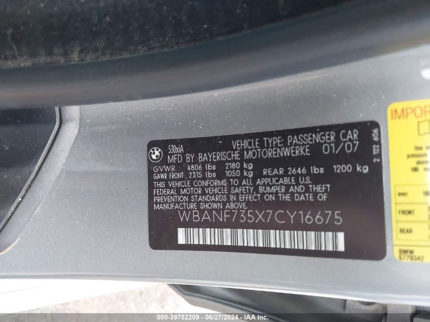 2007 BMW 530 Xi VIN: WBANF735X7CY16675 Lot: 39752209