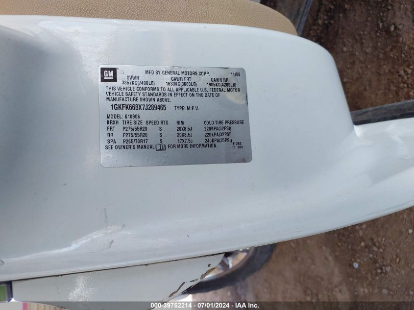 2007 GMC Yukon Xl 1500 Denali VIN: 1GKFK668X7J289465 Lot: 39752214