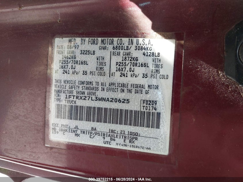 1998 Ford F-250 Lariat/Standard/Xl/Xlt VIN: 1FTRX27L3WNA20625 Lot: 39752215